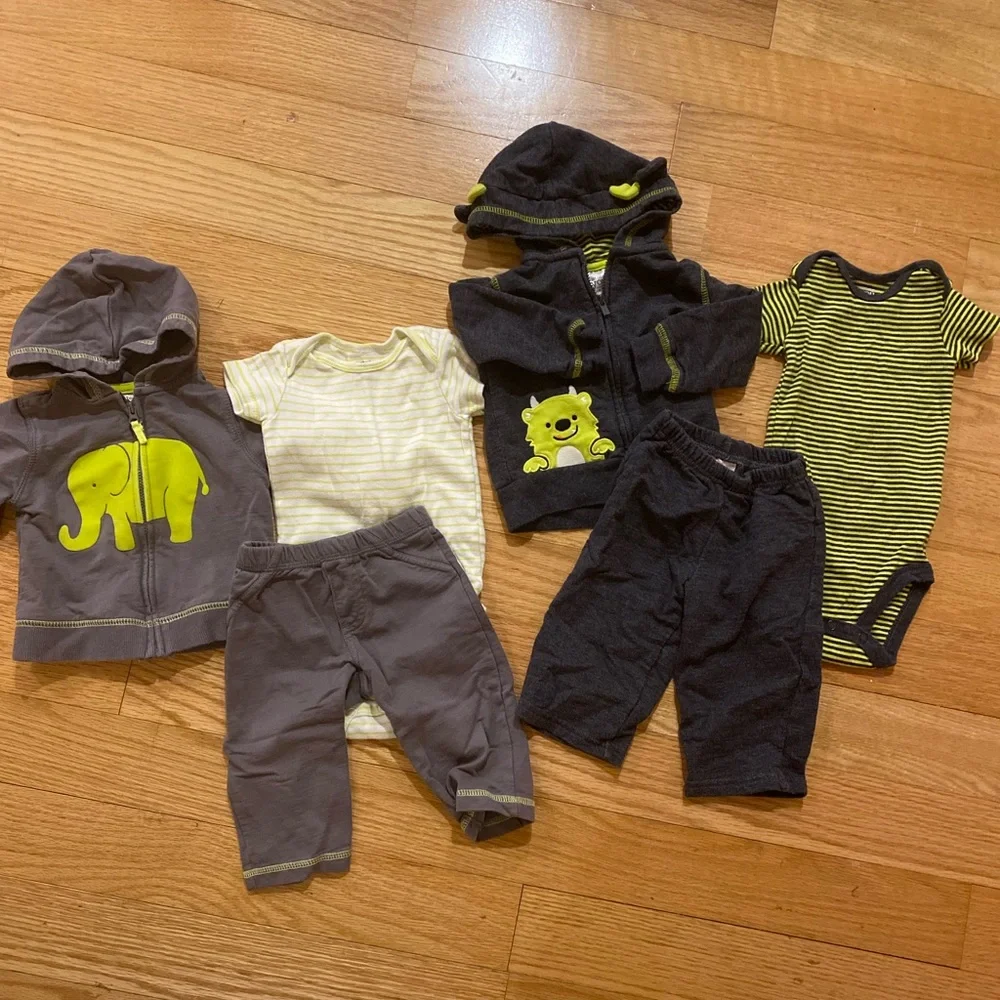 Carters 2 matching outfits gray and green 6 months